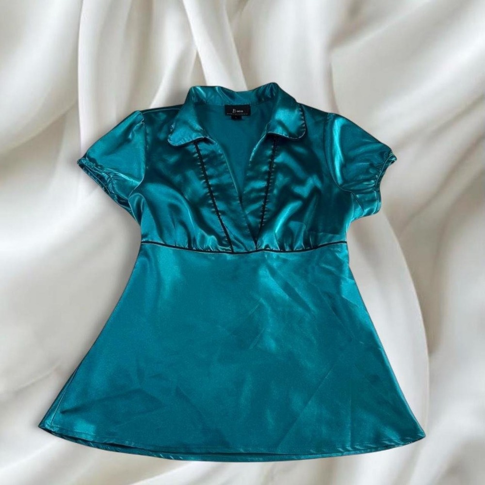 B Wear teal satin babydoll tie back top y2k vintage fairy boho office siren